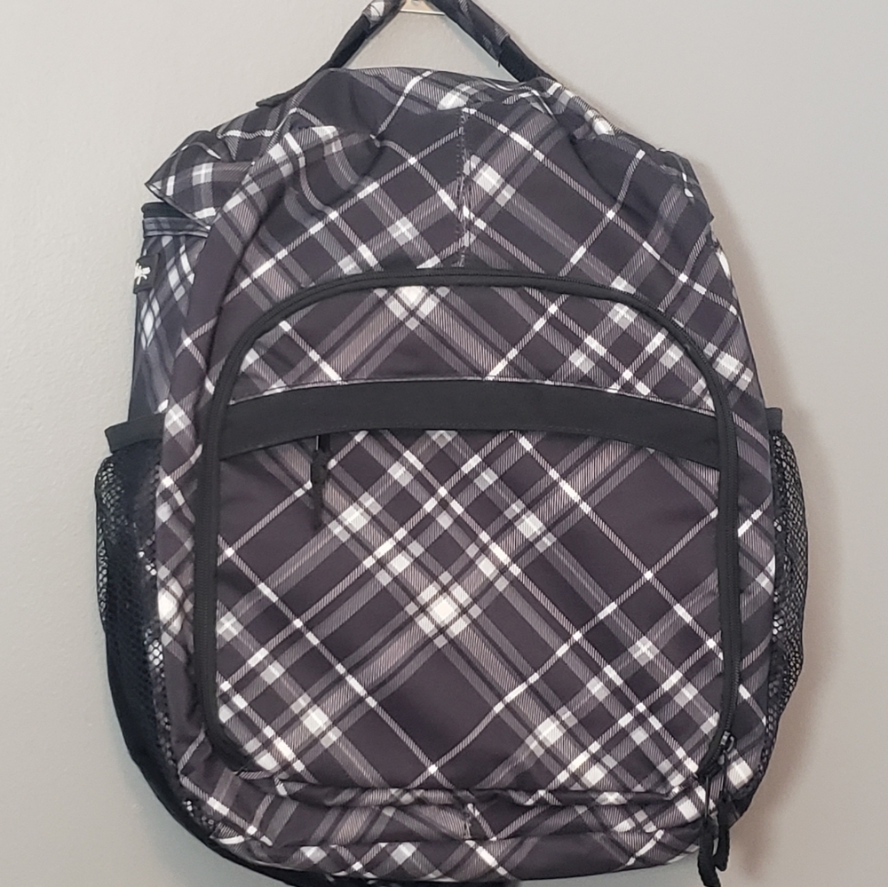Thirty One Sling Bag Crosshatch Grey & Black Plaid Travel Hiking Backpack